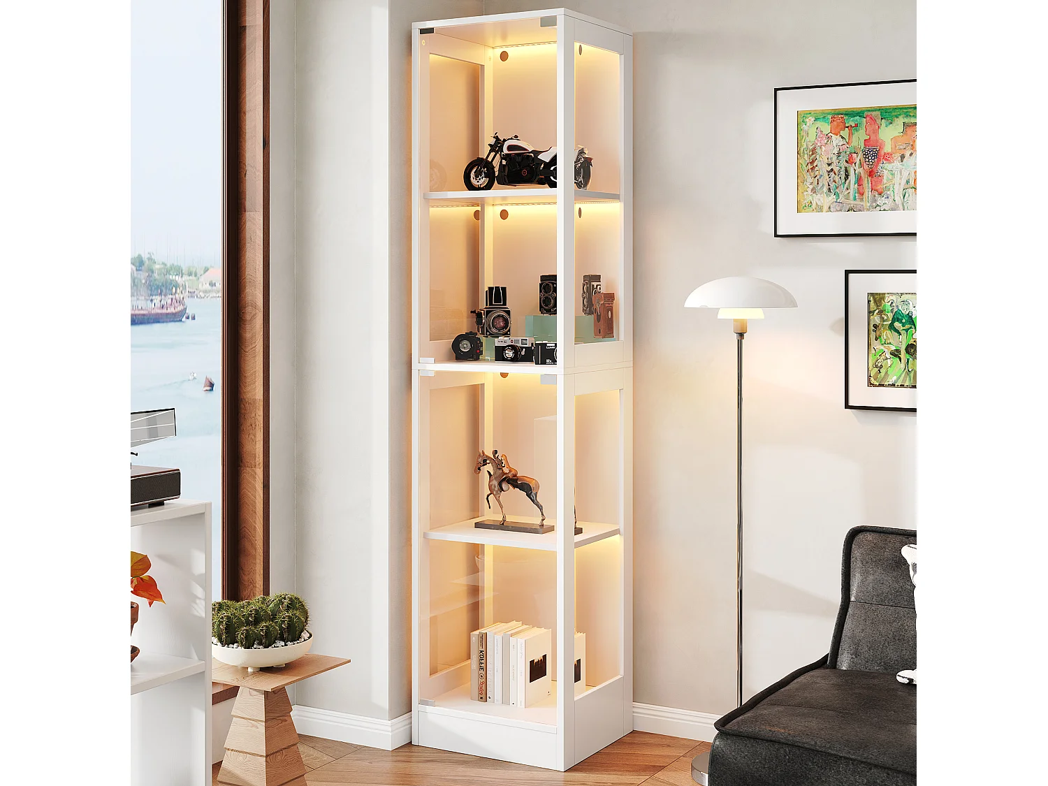 Moderne Glasvitrine – 40 x 35 x 170 cm – mit 4 Ablageflächen, LED-Beleuchtung und Tür – MDF und Glas – weiß