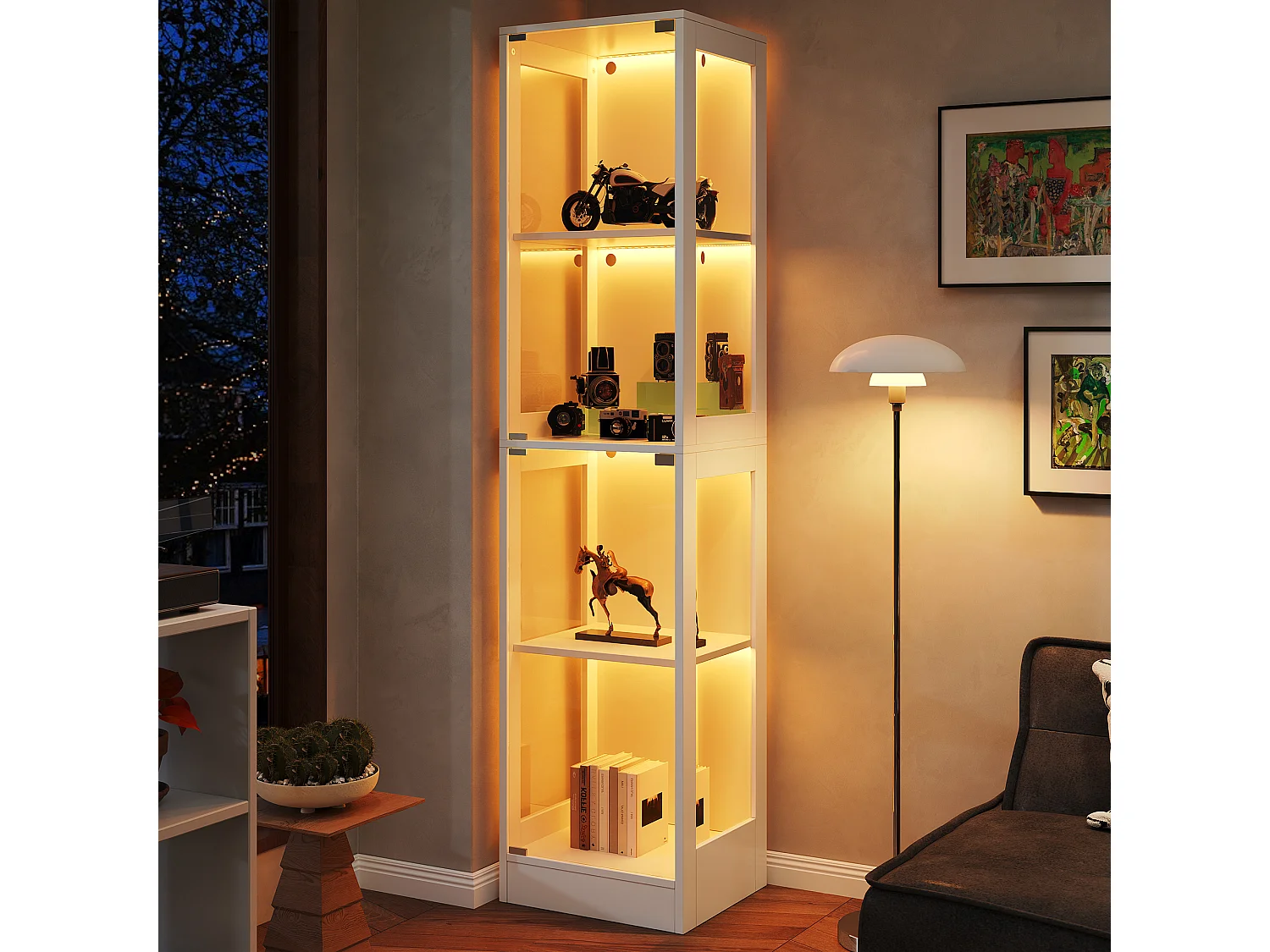 Moderne Glasvitrine – 40 x 35 x 170 cm – mit 4 Ablageflächen, LED-Beleuchtung und Tür – MDF und Glas – weiß