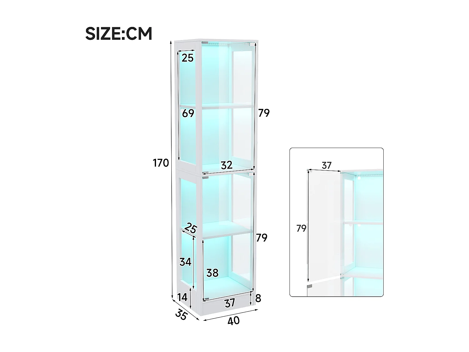 Moderne Glasvitrine – 40 x 35 x 170 cm – mit 4 Ablageflächen, LED-Beleuchtung und Tür – MDF und Glas – weiß