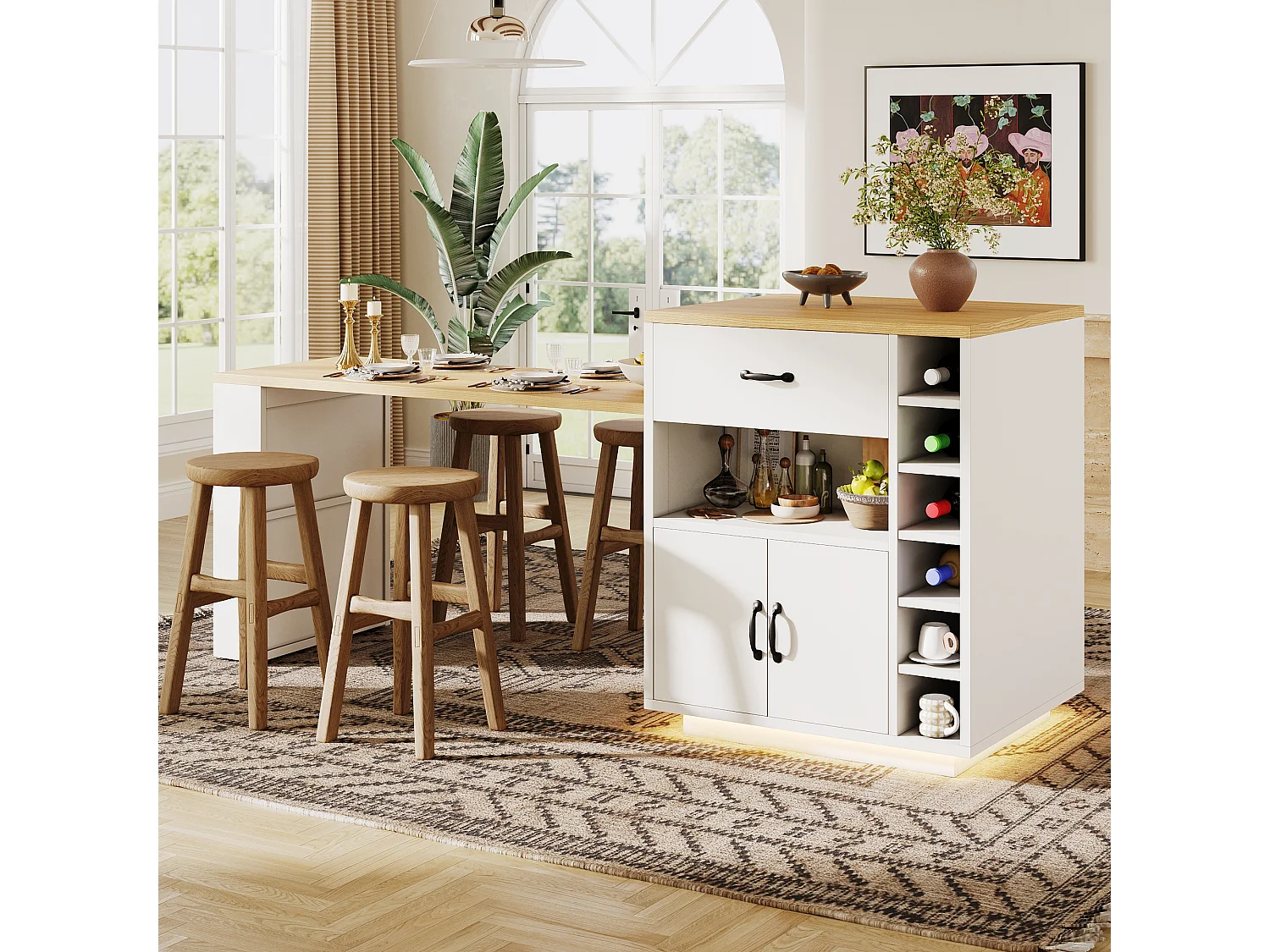 Kookeiland - uitschuifbare eettafel - met LED-verlichting - met 2 lades en 4 deuren - Wit