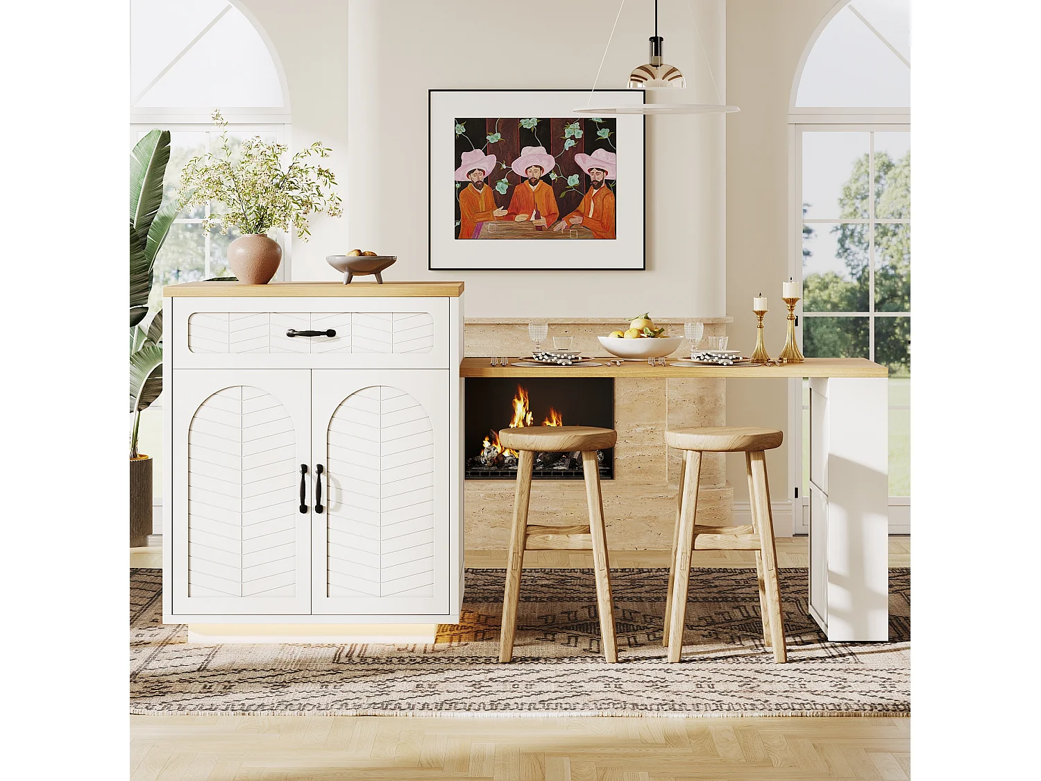 Kookeiland - uitschuifbare eettafel - met LED-verlichting - met 2 lades en 4 deuren - Wit