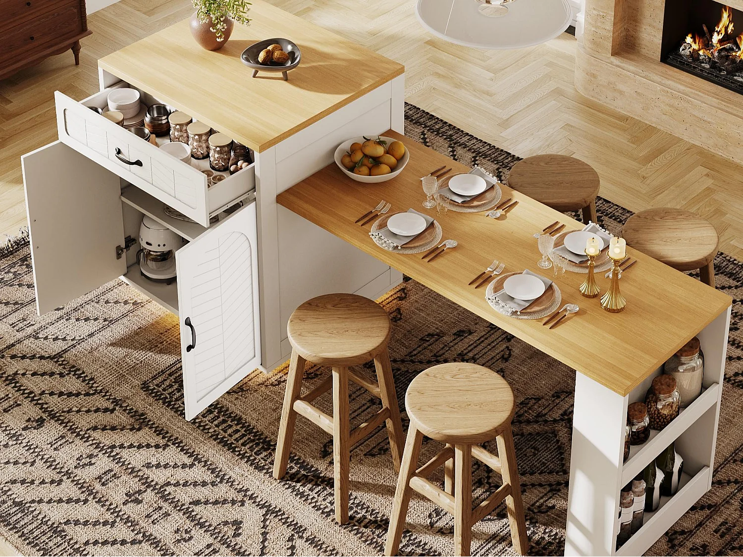 Kookeiland - uitschuifbare eettafel - met LED-verlichting - met 2 lades en 4 deuren - Wit
