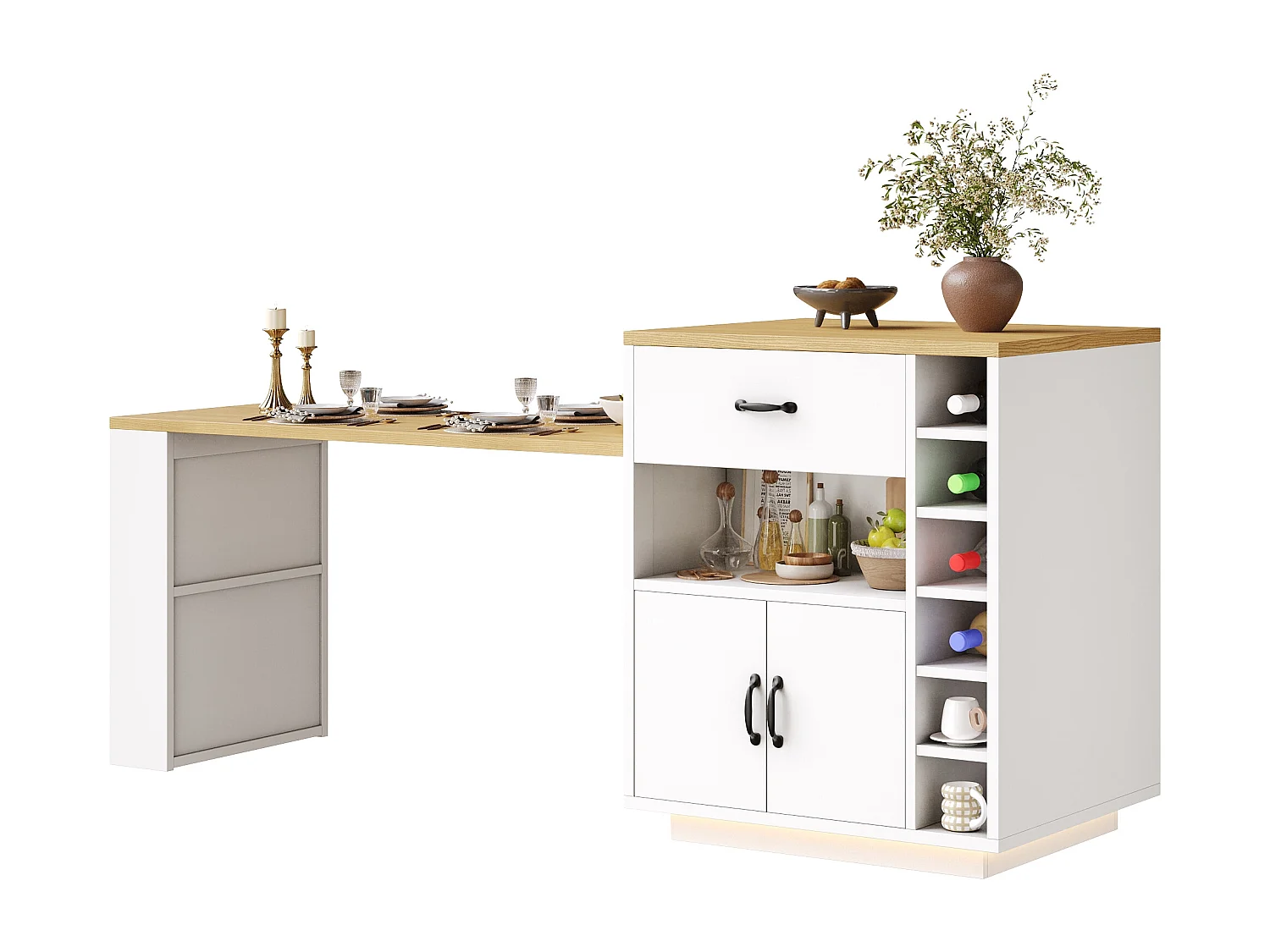 Kookeiland - uitschuifbare eettafel - met LED-verlichting - met 2 lades en 4 deuren - Wit