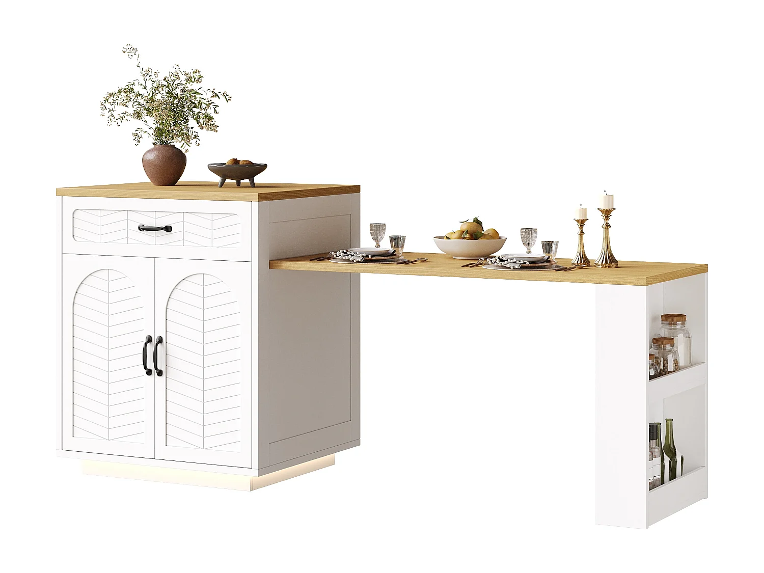 Kookeiland - uitschuifbare eettafel - met LED-verlichting - met 2 lades en 4 deuren - Wit