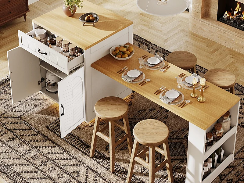 Kookeiland - uitschuifbare eettafel - met LED-verlichting - met 2 lades en 4 deuren - Wit