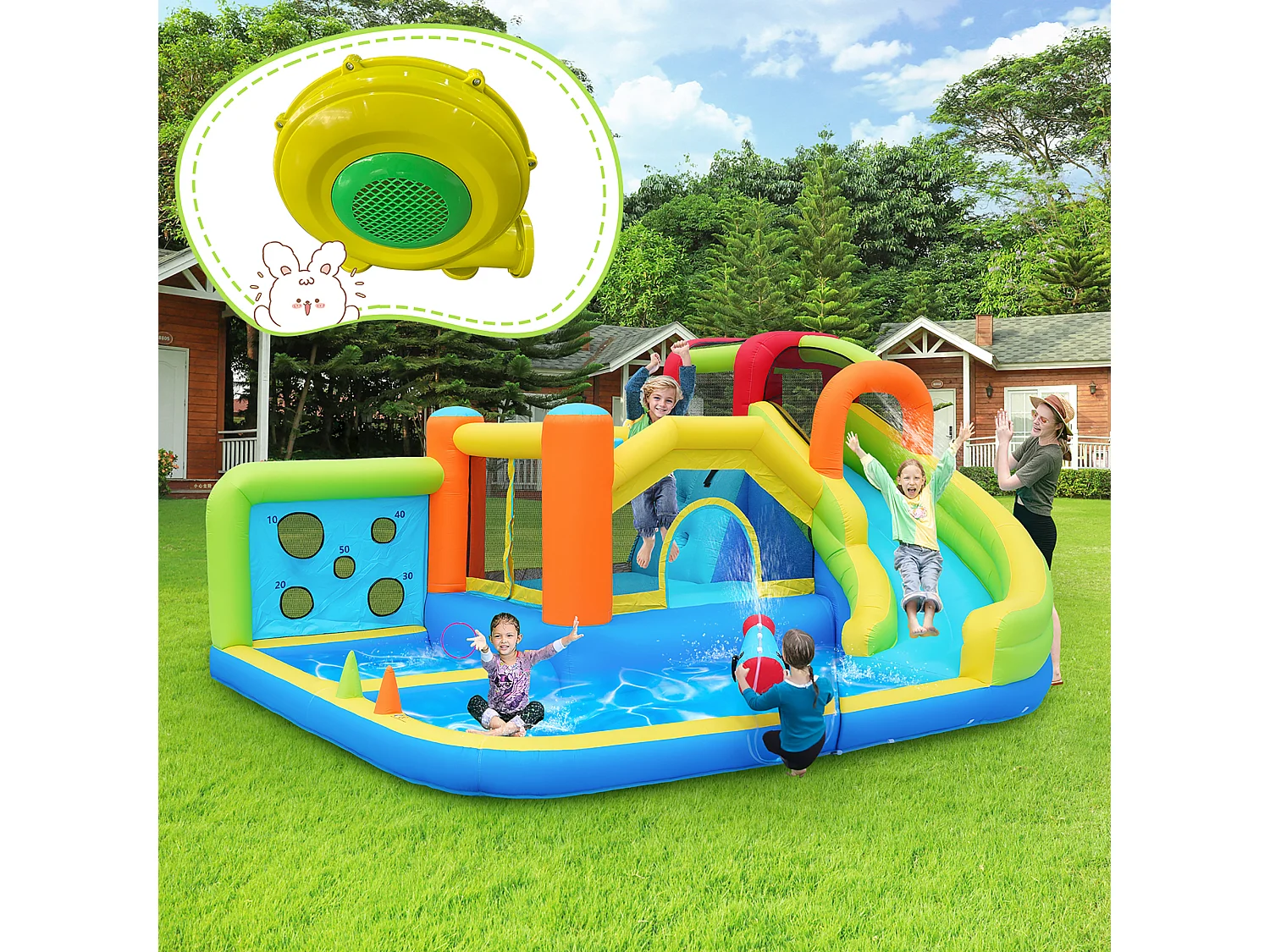 Château Gonflable Géant 11-en-1 : Aire de Jeux avec Grand Trampoline, Toboggan, Double Piscine, Mur d'Escalade et Cible - Souffleur 450W - Multicolore