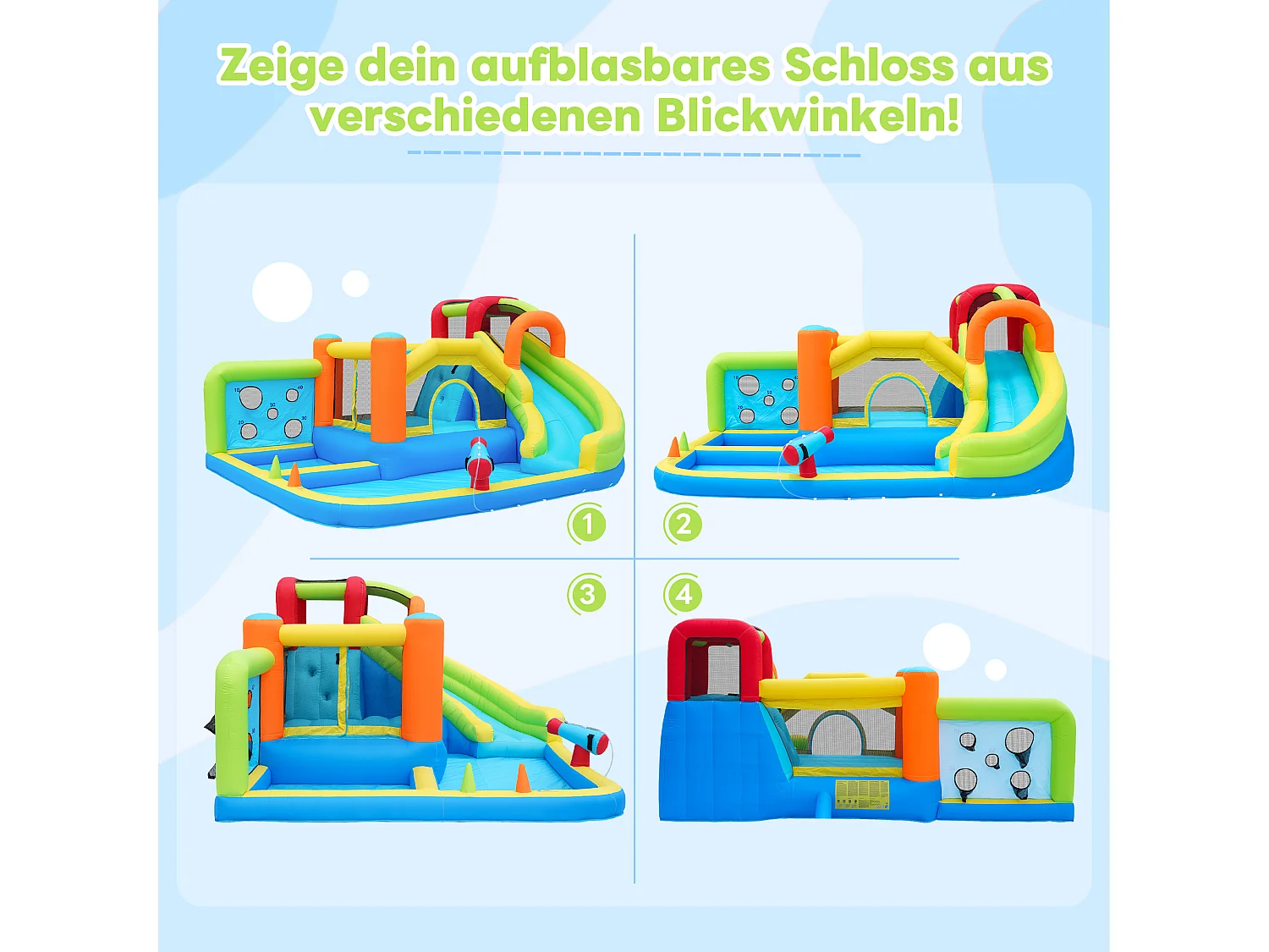 Château Gonflable Géant 11-en-1 : Aire de Jeux avec Grand Trampoline, Toboggan, Double Piscine, Mur d'Escalade et Cible - Souffleur 450W - Multicolore