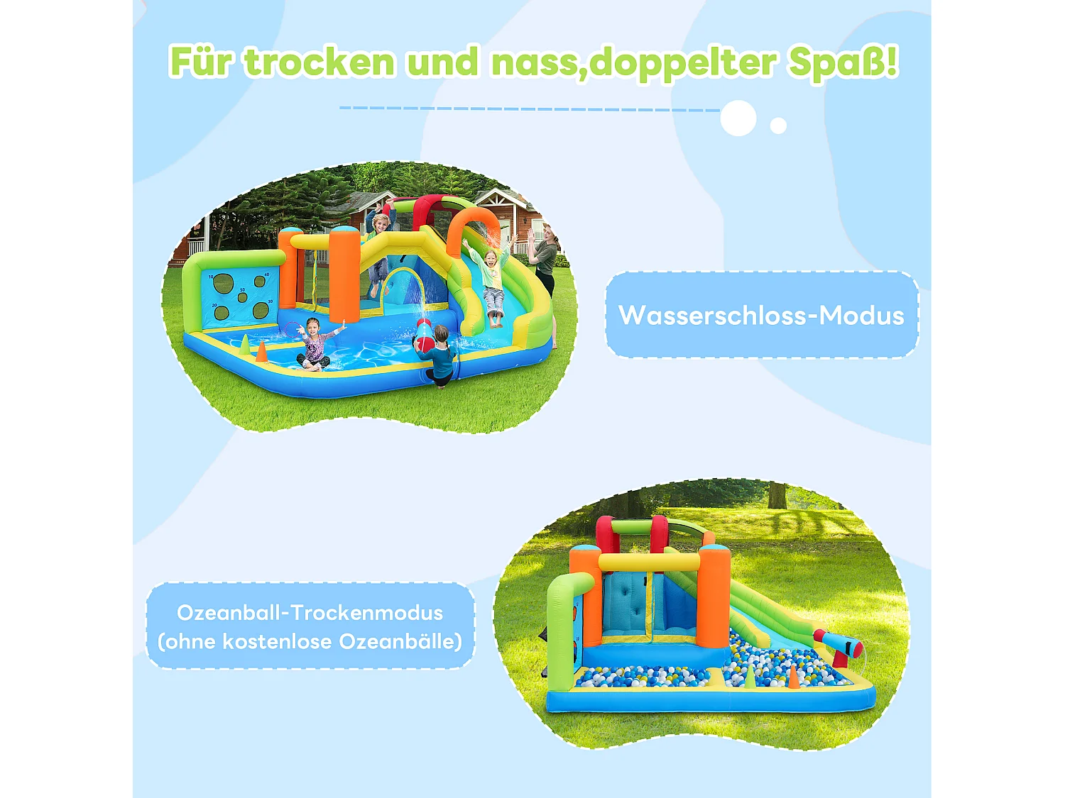 Château Gonflable Géant 11-en-1 : Aire de Jeux avec Grand Trampoline, Toboggan, Double Piscine, Mur d'Escalade et Cible - Souffleur 450W - Multicolore