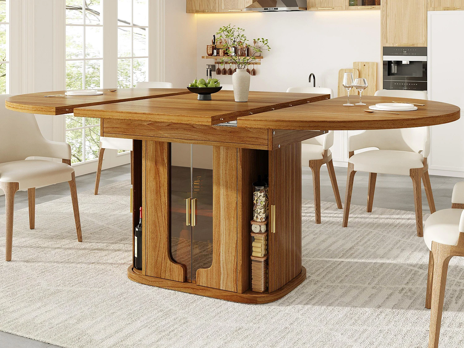 Table à manger extensible - MDF - Table ronde - 118-158 cm - 6 personnes - avec porte vitrée - Couleur bois de noyer