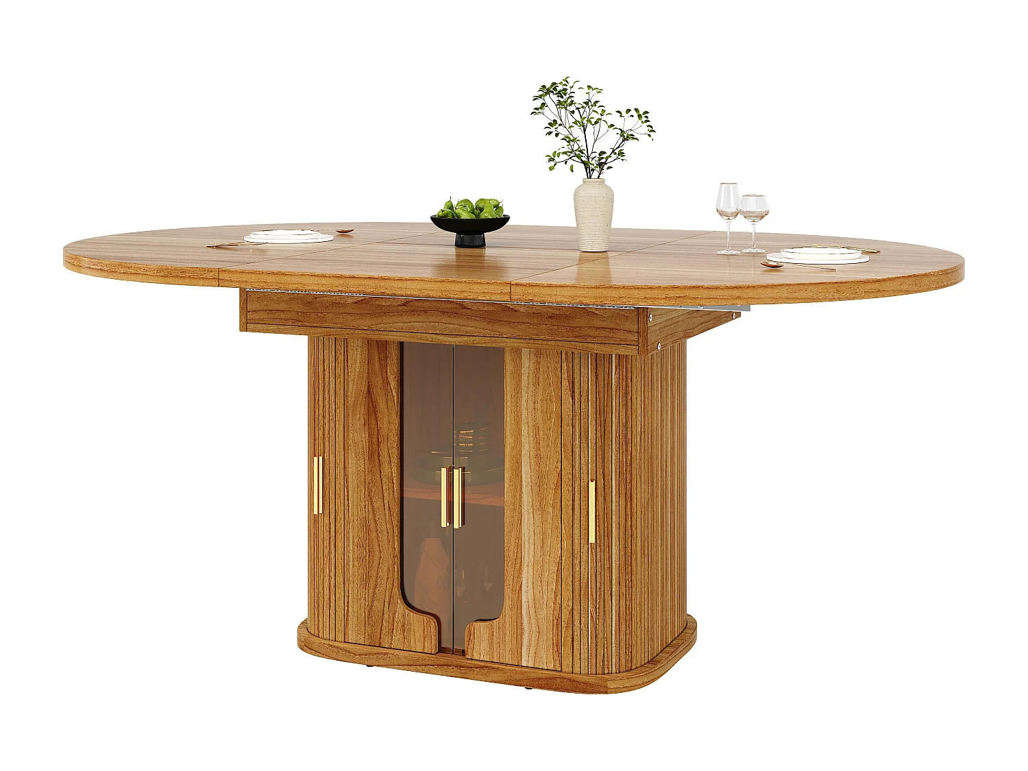 Table à manger extensible - MDF - Table ronde - 118-158 cm - 6 personnes - avec porte vitrée - Couleur bois de noyer