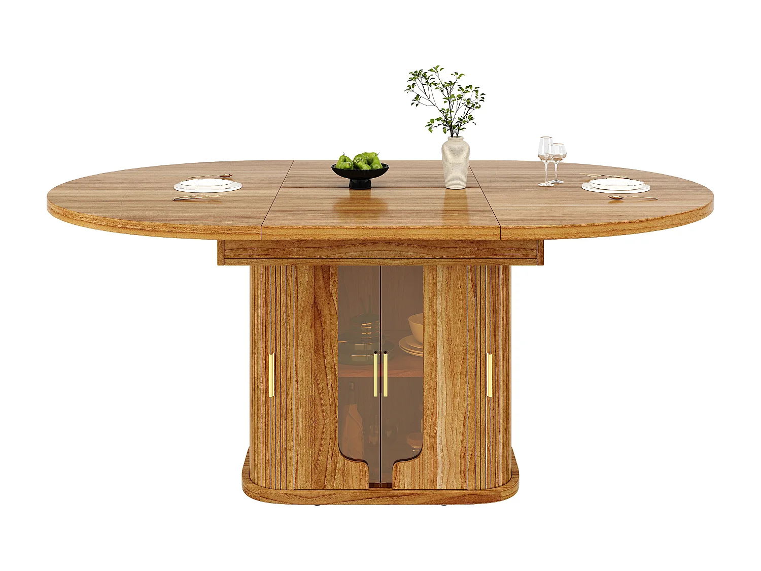 Table à manger extensible - MDF - Table ronde - 118-158 cm - 6 personnes - avec porte vitrée - Couleur bois de noyer