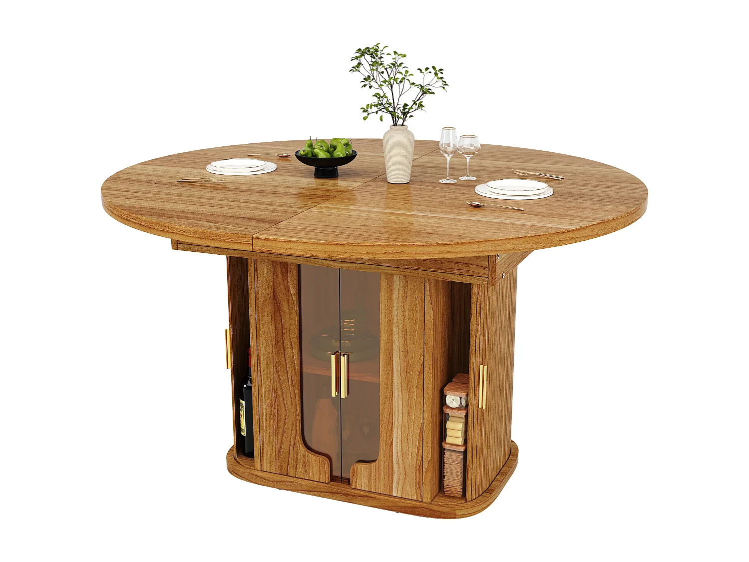 Table à manger extensible - MDF - Table ronde - 118-158 cm - 6 personnes - avec porte vitrée - Couleur bois de noyer