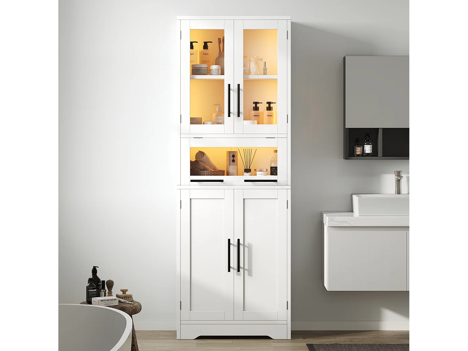 Hoher Badezimmerschrank 60x30x170 cm - Mit LED-Leiste - 4 Türen - Höhenverstellbare Einlegeböden - MDF - Weiß