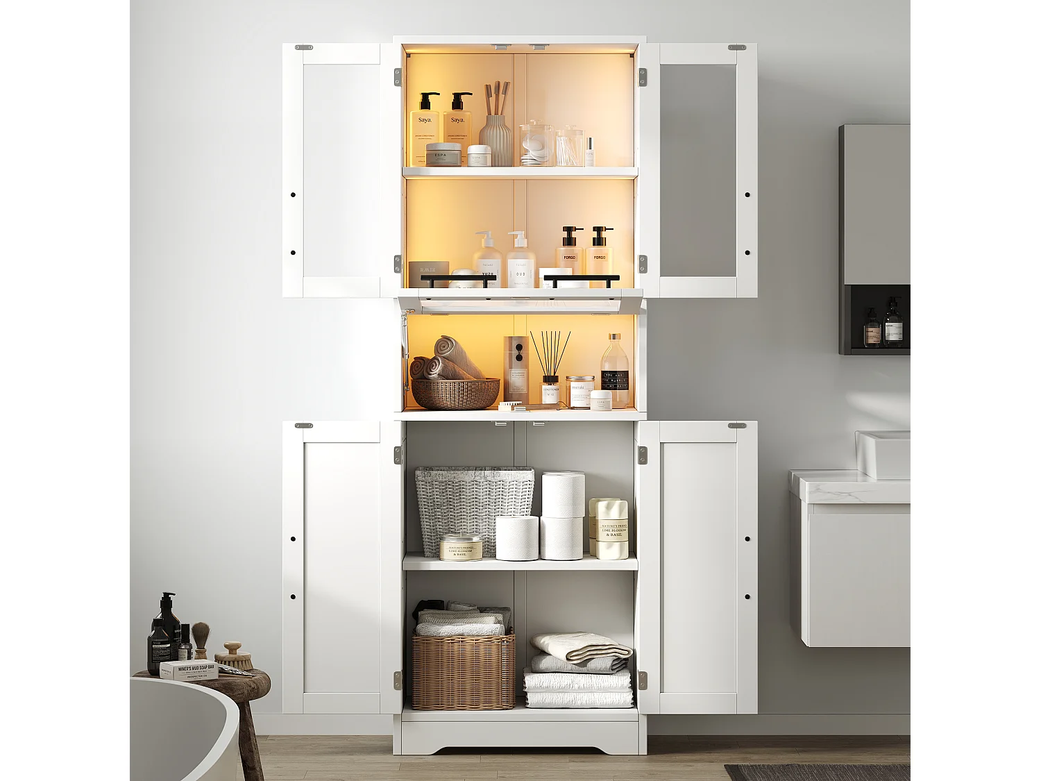 Hoher Badezimmerschrank 60x30x170 cm - Mit LED-Leiste - 4 Türen - Höhenverstellbare Einlegeböden - MDF - Weiß