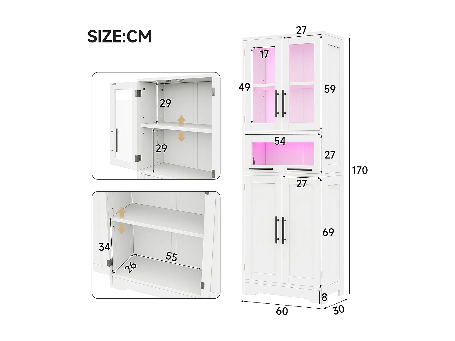 Hoher Badezimmerschrank 60x30x170 cm - Mit LED-Leiste - 4 Türen - Höhenverstellbare Einlegeböden - MDF - Weiß