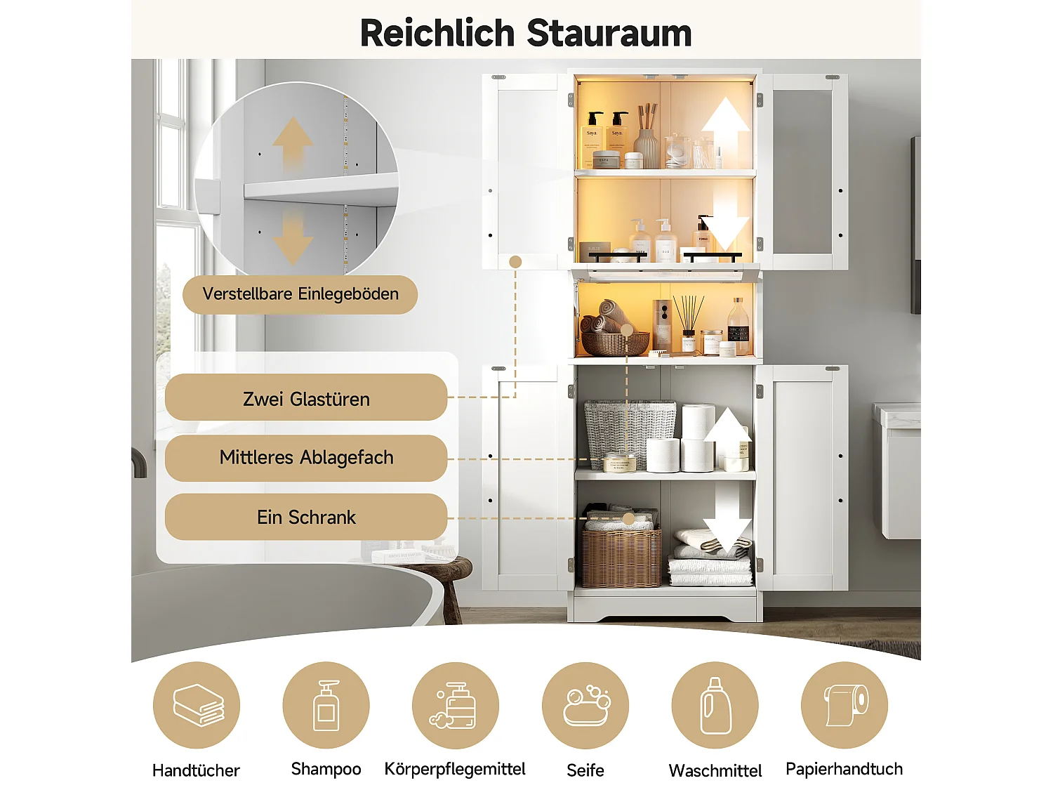 Hoher Badezimmerschrank 60x30x170 cm - Mit LED-Leiste - 4 Türen - Höhenverstellbare Einlegeböden - MDF - Weiß