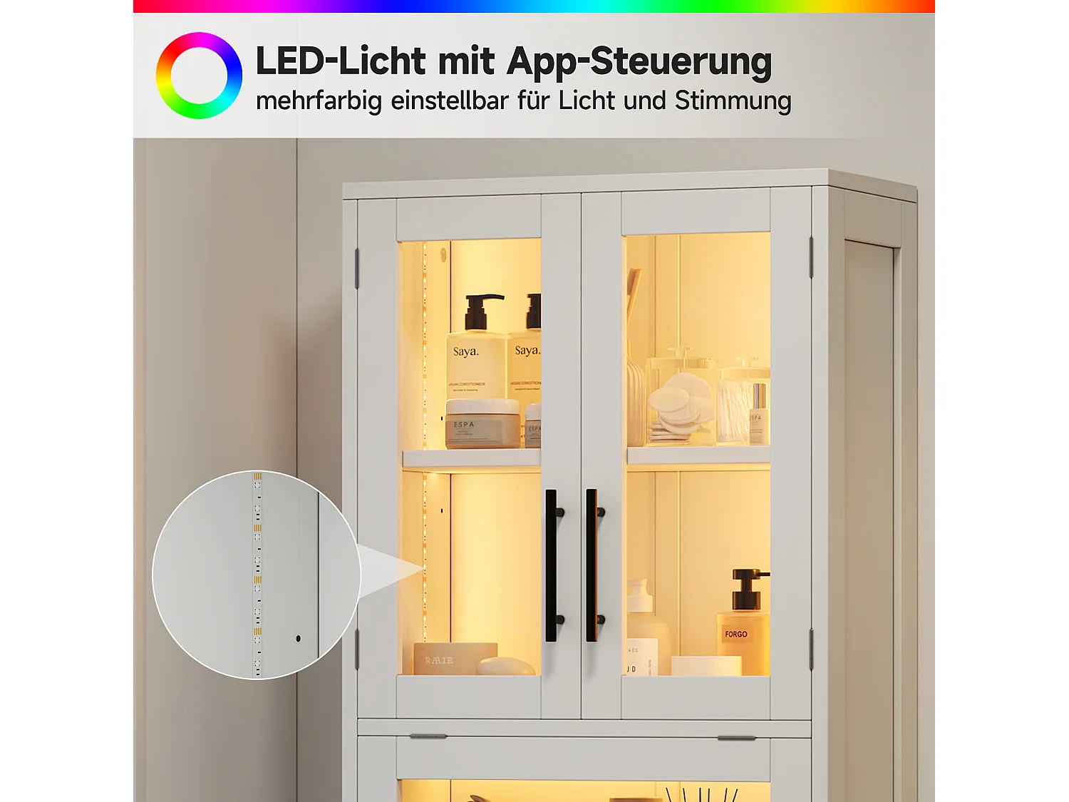 Hoher Badezimmerschrank 60x30x170 cm - Mit LED-Leiste - 4 Türen - Höhenverstellbare Einlegeböden - MDF - Weiß
