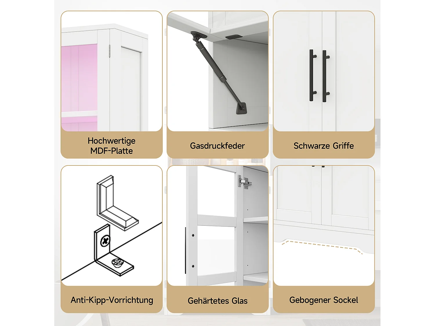 Hoher Badezimmerschrank 60x30x170 cm - Mit LED-Leiste - 4 Türen - Höhenverstellbare Einlegeböden - MDF - Weiß