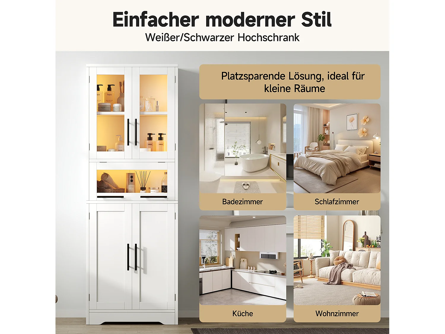 Hoher Badezimmerschrank 60x30x170 cm - Mit LED-Leiste - 4 Türen - Höhenverstellbare Einlegeböden - MDF - Weiß