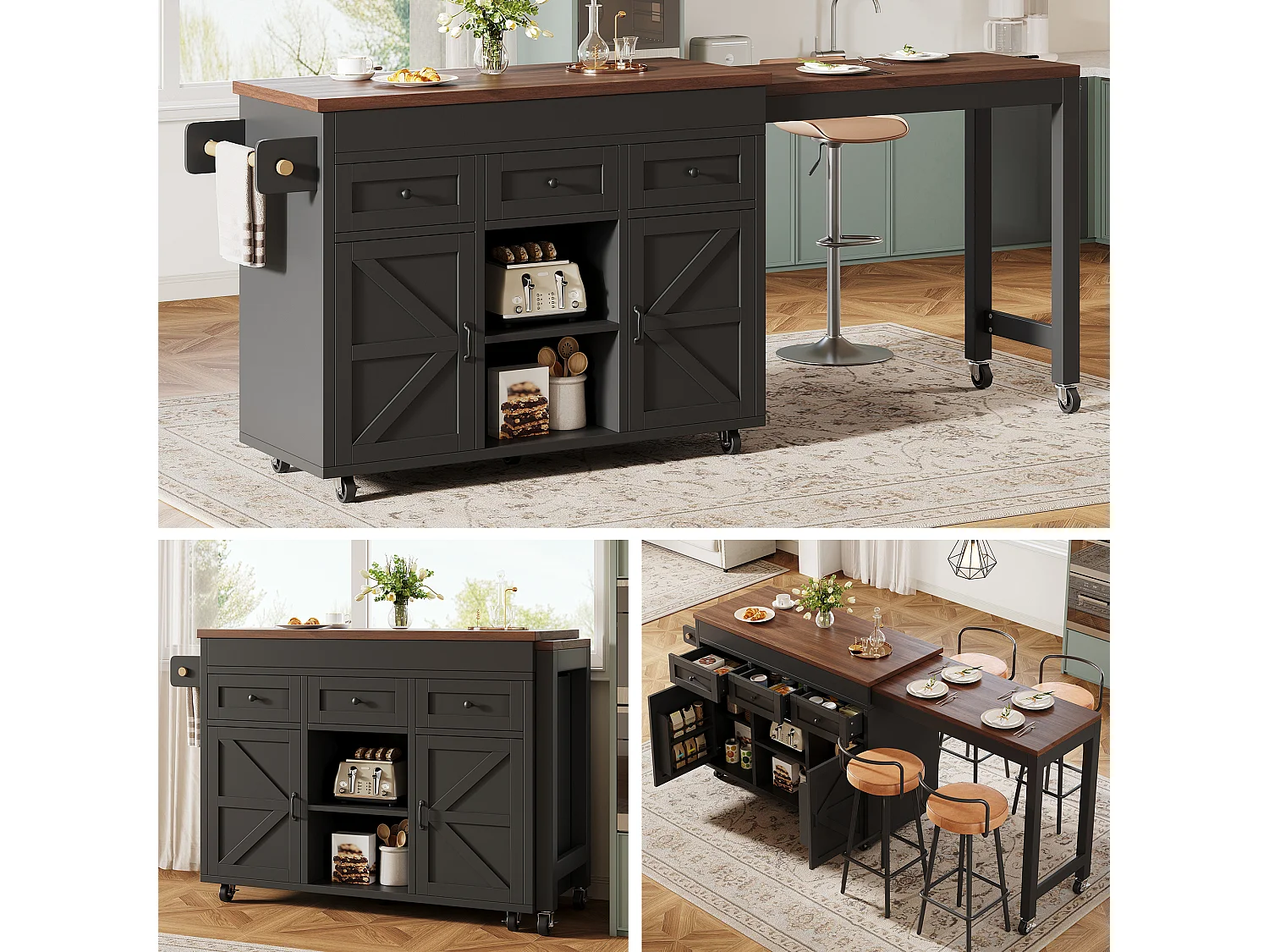 Îlot de cuisine extensible - 1315-210 cm x 40 x 92 cm - pivotante à 360°- avec 3 tiroirs + 2 portes - MDF - noir