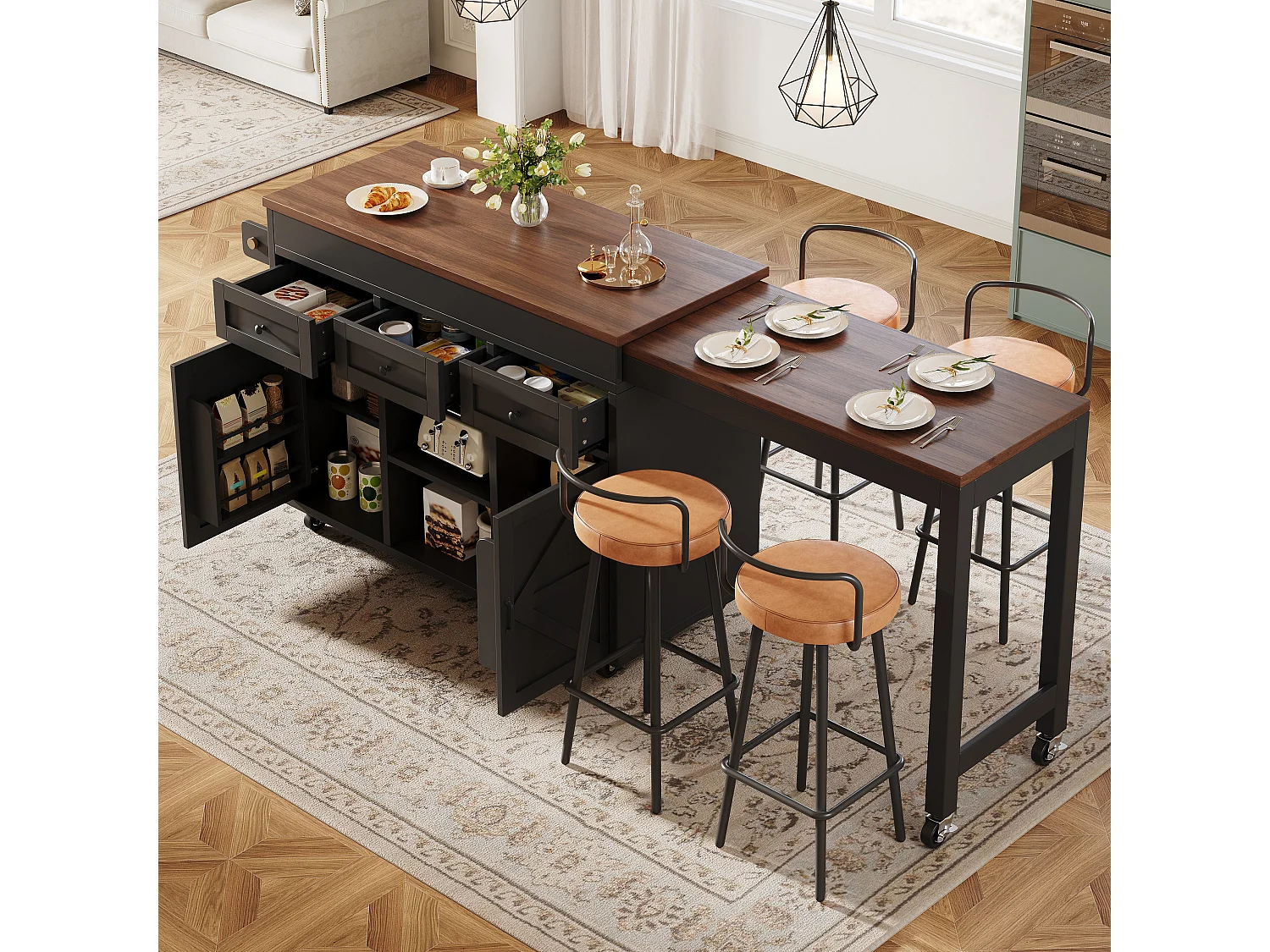 Îlot de cuisine extensible - 1315-210 cm x 40 x 92 cm - pivotante à 360°- avec 3 tiroirs + 2 portes - MDF - noir