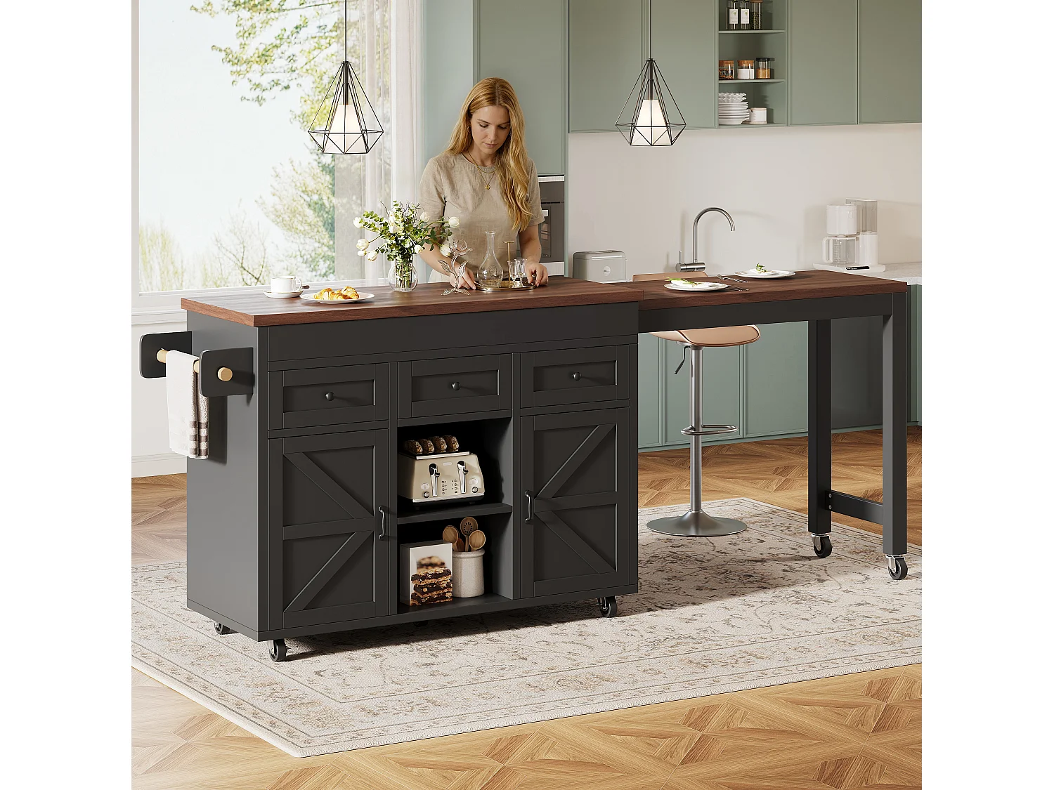 Îlot de cuisine extensible - 1315-210 cm x 40 x 92 cm - pivotante à 360°- avec 3 tiroirs + 2 portes - MDF - noir