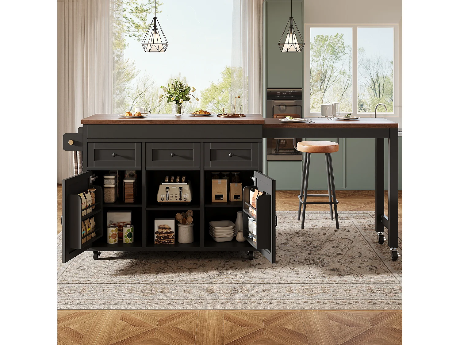 Îlot de cuisine extensible - 1315-210 cm x 40 x 92 cm - pivotante à 360°- avec 3 tiroirs + 2 portes - MDF - noir