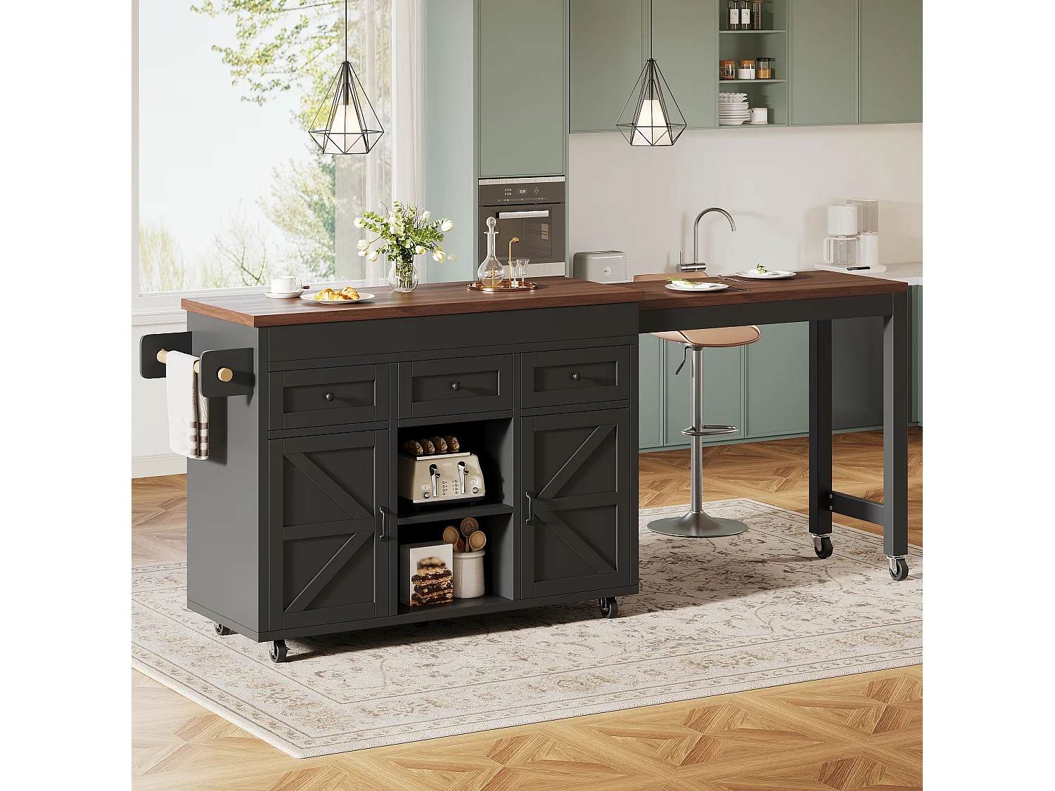 Îlot de cuisine extensible - 1315-210 cm x 40 x 92 cm - pivotante à 360°- avec 3 tiroirs + 2 portes - MDF - noir