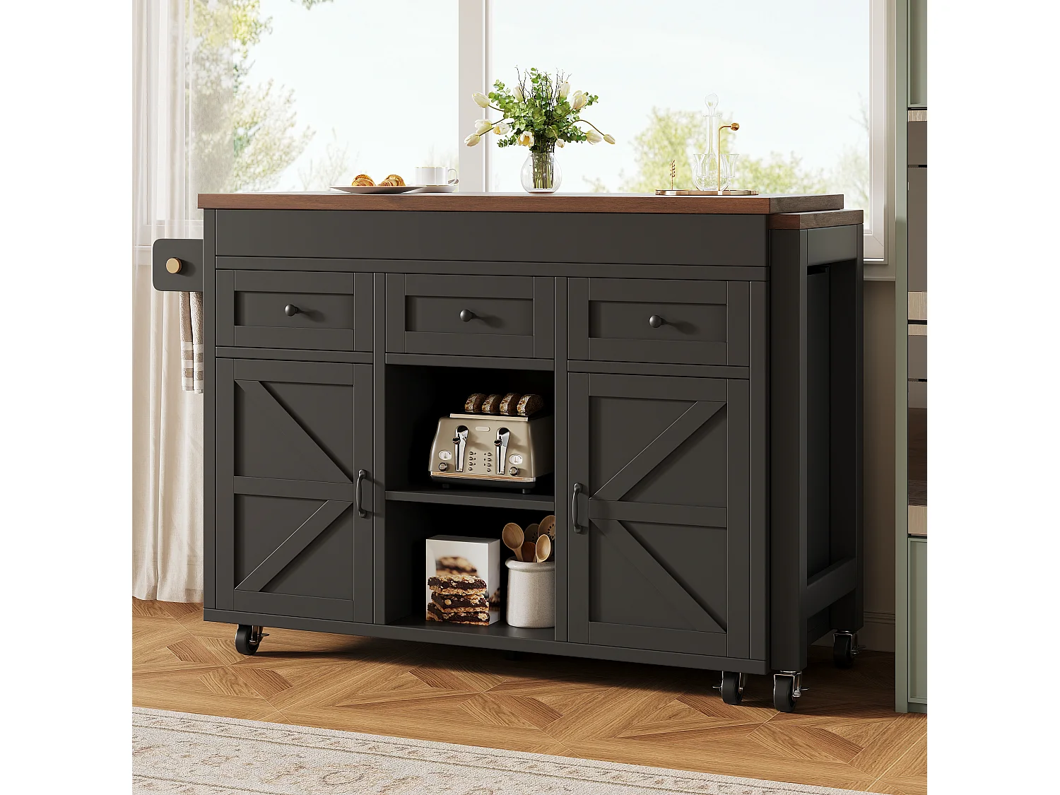 Îlot de cuisine extensible - 1315-210 cm x 40 x 92 cm - pivotante à 360°- avec 3 tiroirs + 2 portes - MDF - noir