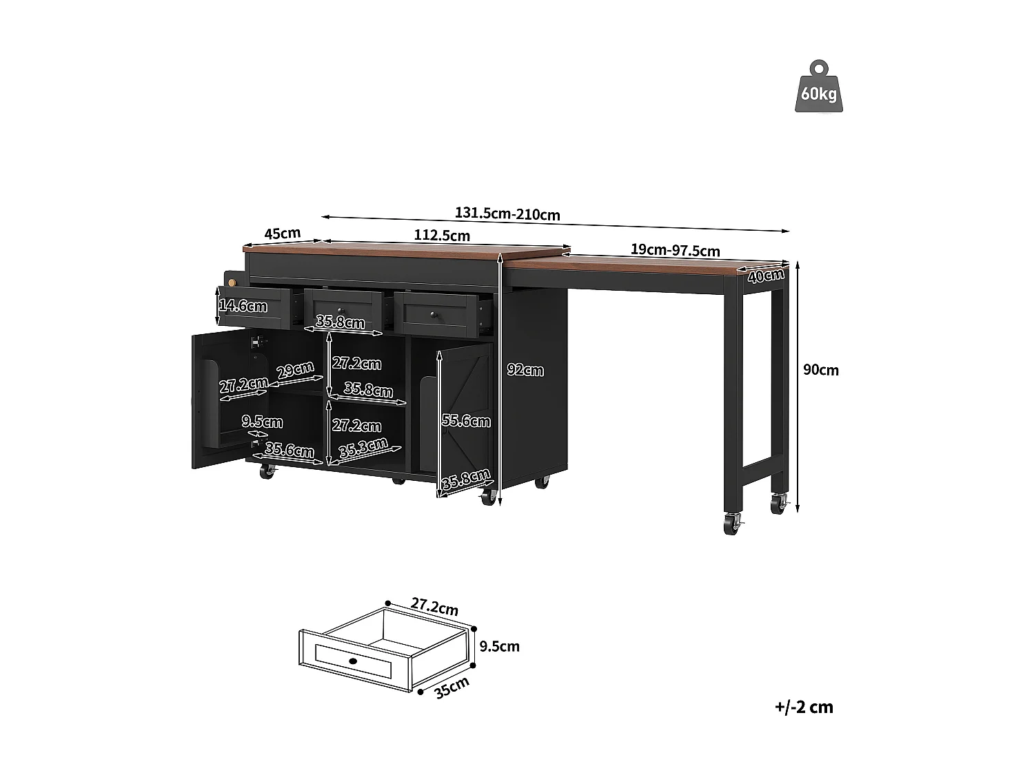 Îlot de cuisine extensible - 1315-210 cm x 40 x 92 cm - pivotante à 360°- avec 3 tiroirs + 2 portes - MDF - noir