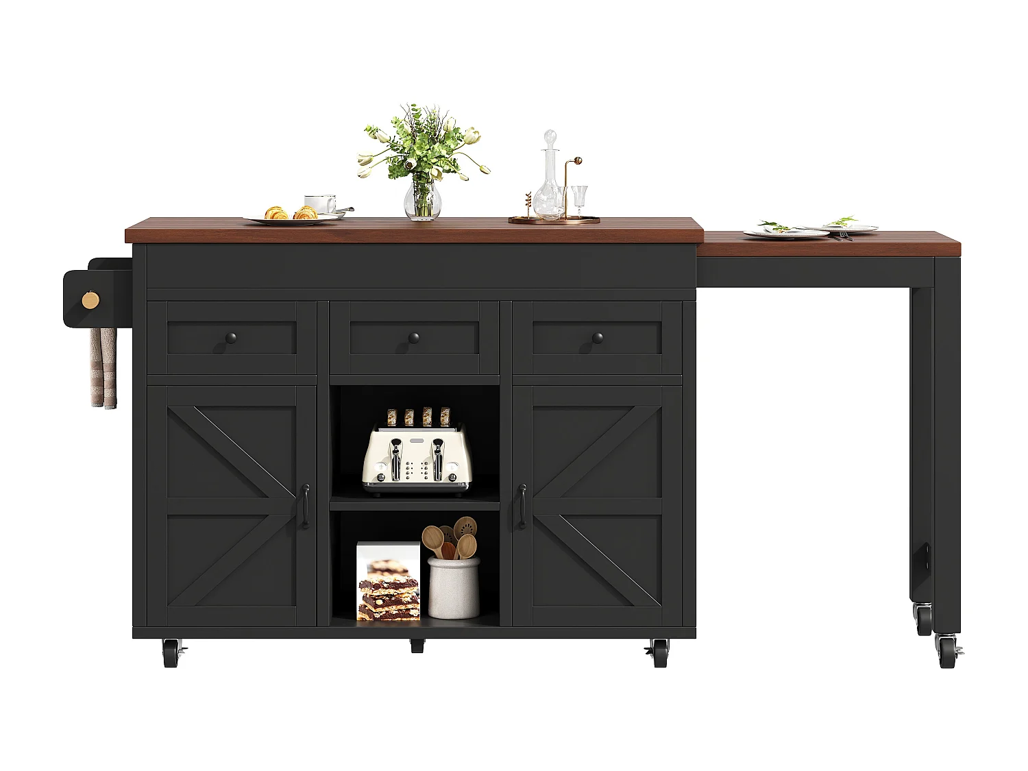 Îlot de cuisine extensible - 1315-210 cm x 40 x 92 cm - pivotante à 360°- avec 3 tiroirs + 2 portes - MDF - noir