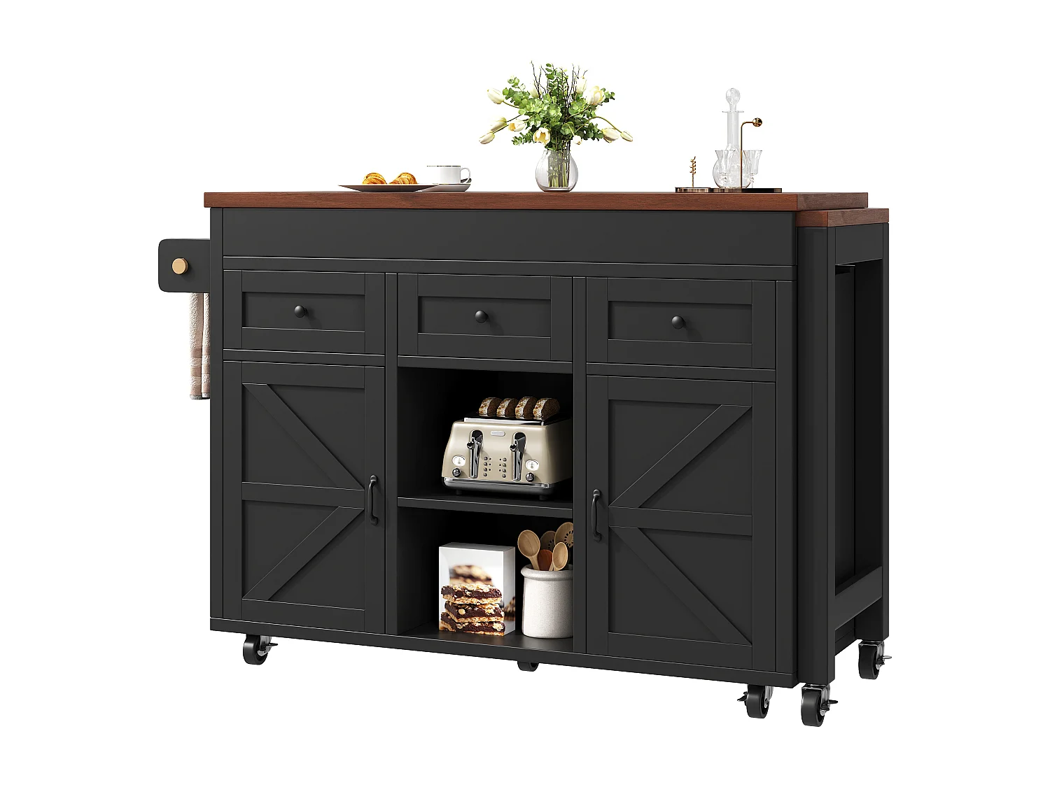 Îlot de cuisine extensible - 1315-210 cm x 40 x 92 cm - pivotante à 360°- avec 3 tiroirs + 2 portes - MDF - noir