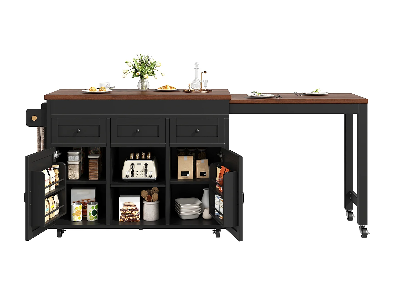 Îlot de cuisine extensible - 1315-210 cm x 40 x 92 cm - pivotante à 360°- avec 3 tiroirs + 2 portes - MDF - noir