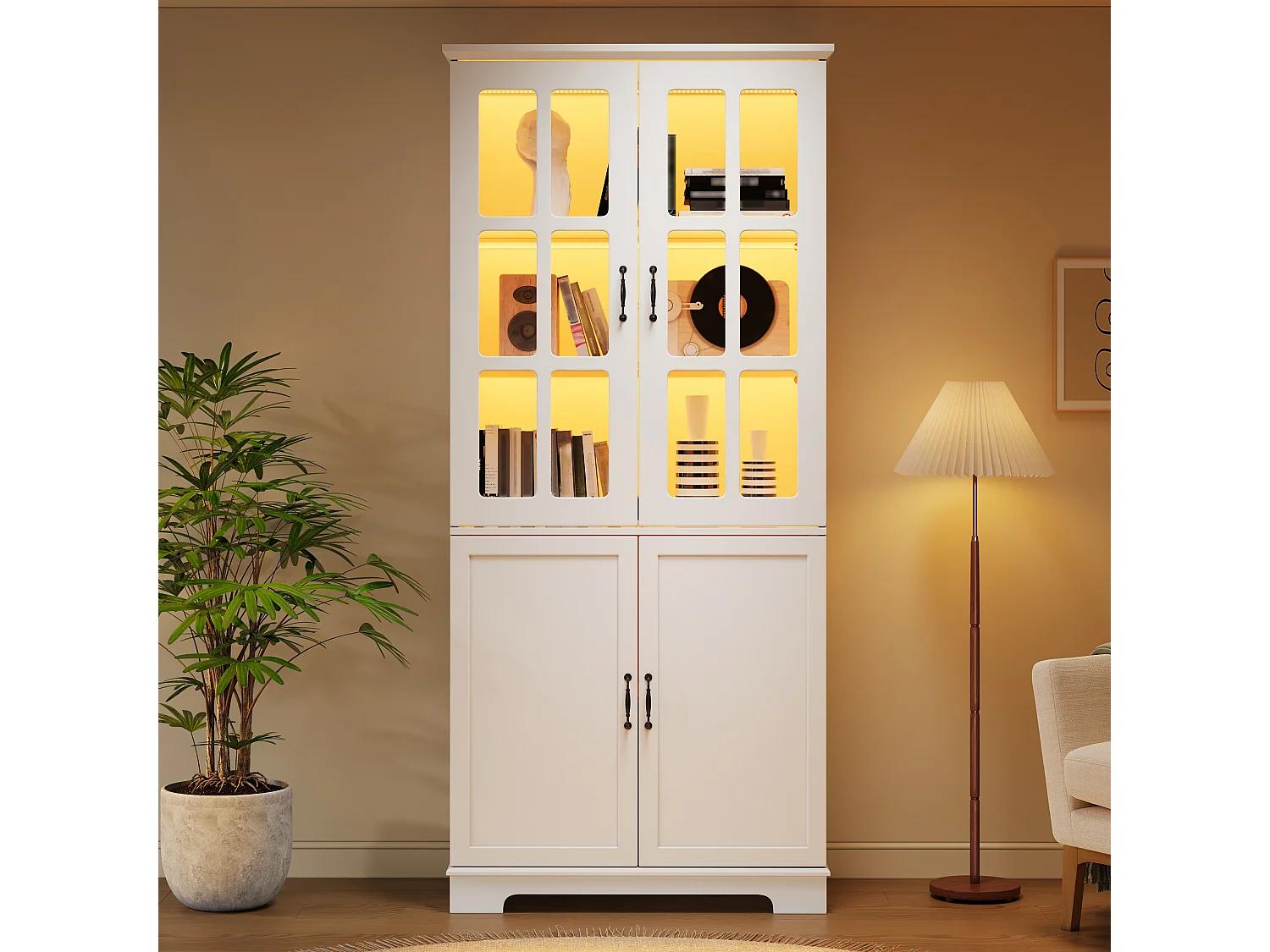 Vitrine 80x38x180cm - 2 Glastüren + 2 Türen aus Massivholz - Fünf-Etagen-Regal - Spanplatten - Weiß