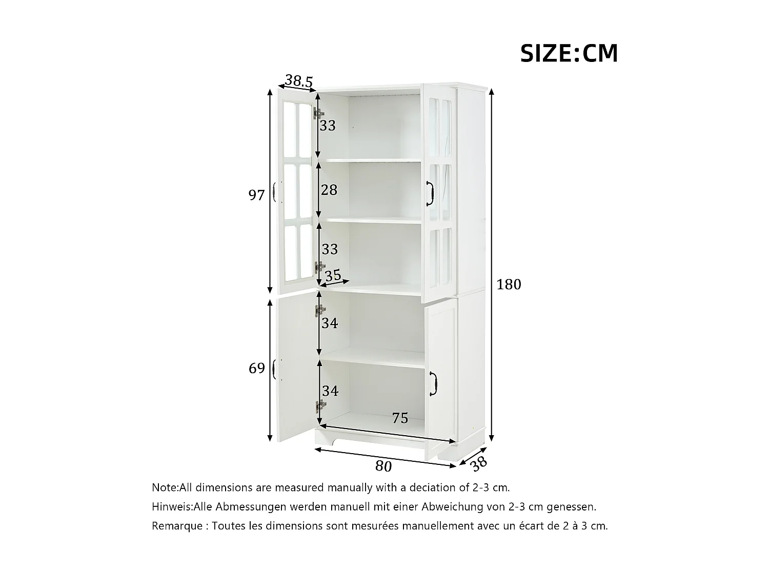 Vitrine 80x38x180cm - 2 Glastüren + 2 Türen aus Massivholz - Fünf-Etagen-Regal - Spanplatten - Weiß
