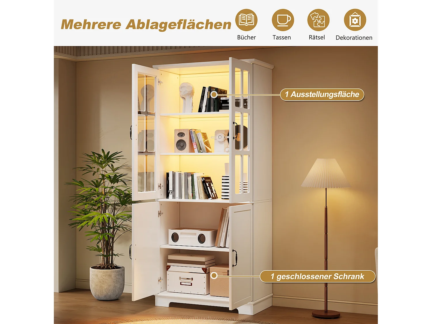 Vitrine 80x38x180cm - 2 Glastüren + 2 Türen aus Massivholz - Fünf-Etagen-Regal - Spanplatten - Weiß