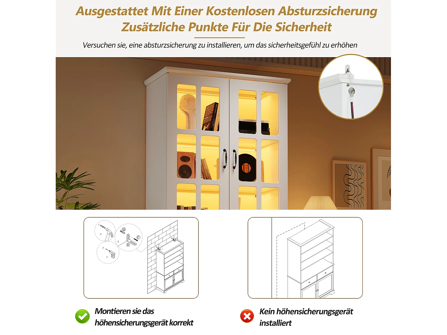 Vitrine 80x38x180cm - 2 Glastüren + 2 Türen aus Massivholz - Fünf-Etagen-Regal - Spanplatten - Weiß