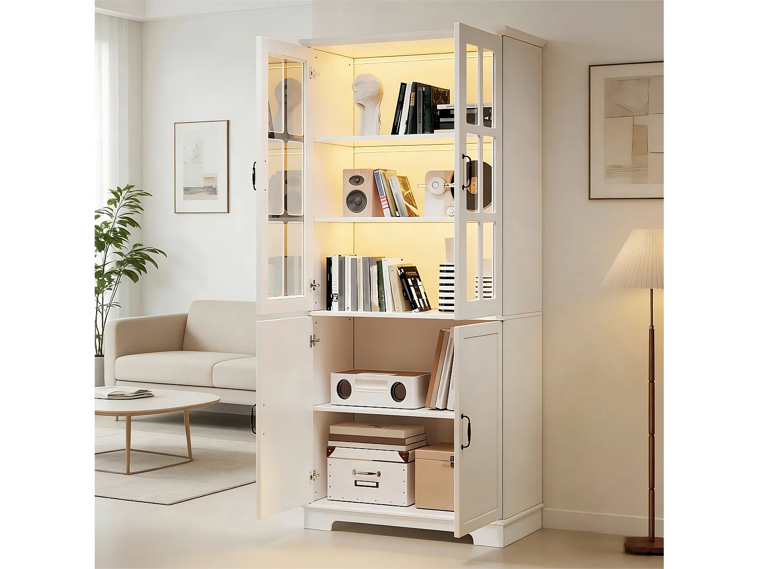 Vitrine 80x38x180cm - 2 Glastüren + 2 Türen aus Massivholz - Fünf-Etagen-Regal - Spanplatten - Weiß