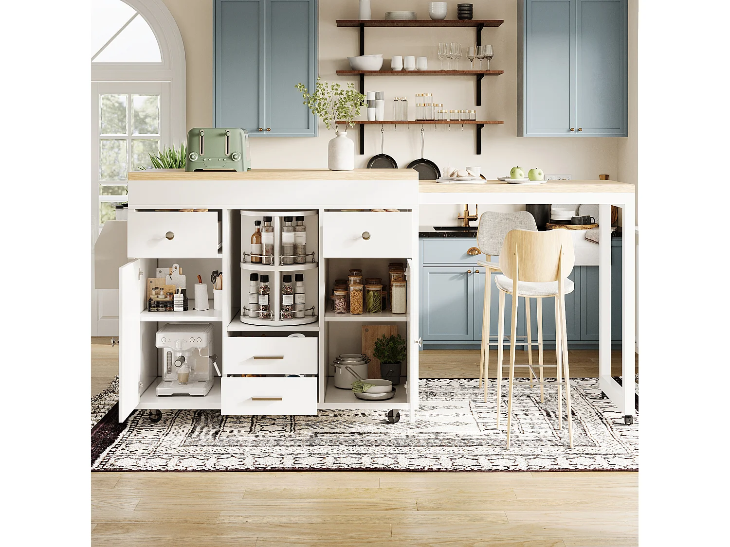 Kookeiland - uitschuifbare eettafel - met wieltjes en handdoekhouder - verstelbare planken - Wit