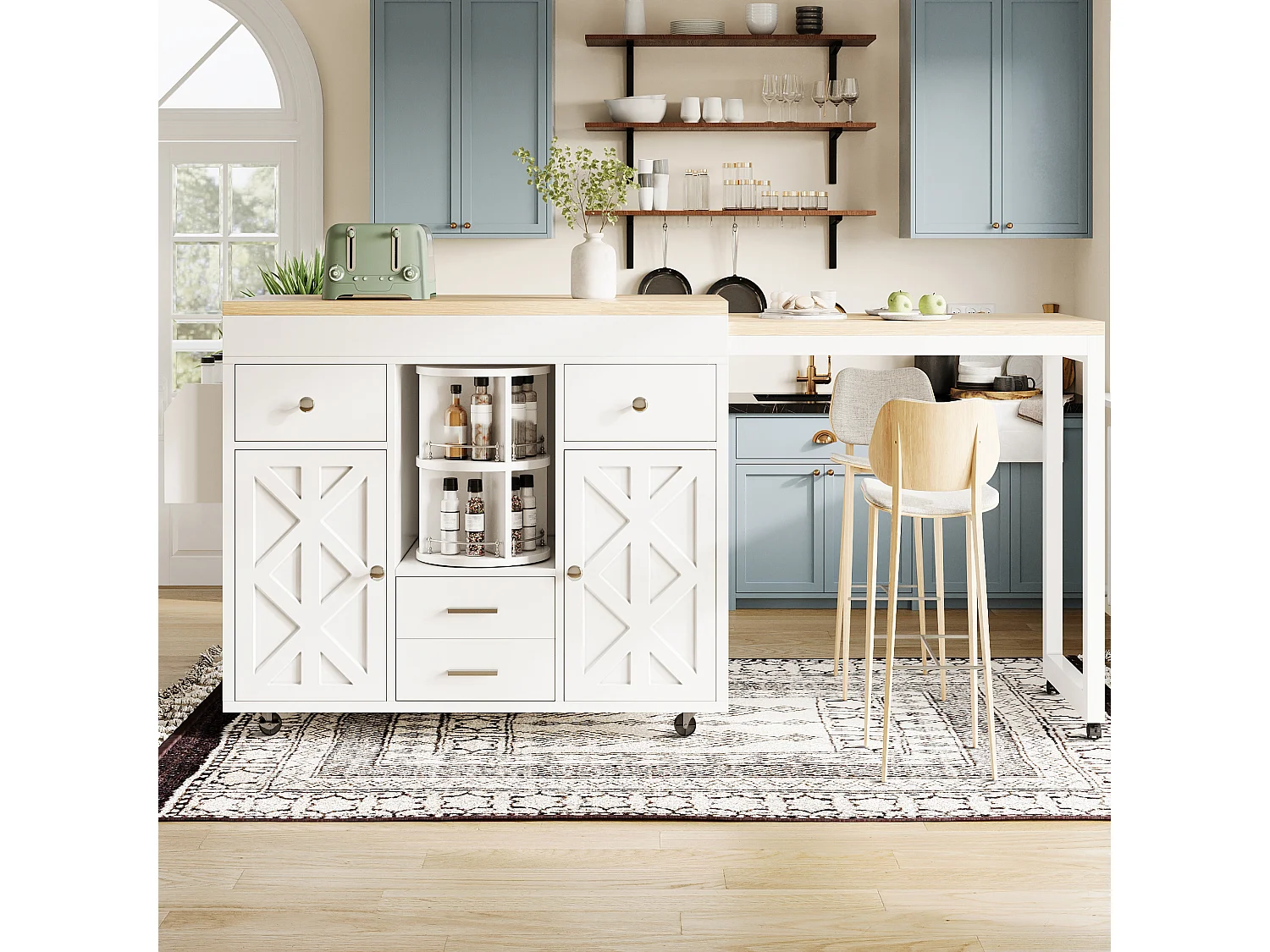 Kookeiland - uitschuifbare eettafel - met wieltjes en handdoekhouder - verstelbare planken - Wit