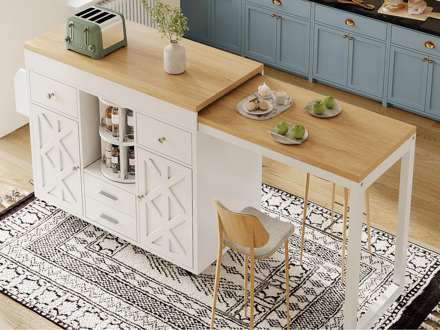 Kookeiland - uitschuifbare eettafel - met wieltjes en handdoekhouder - verstelbare planken - Wit