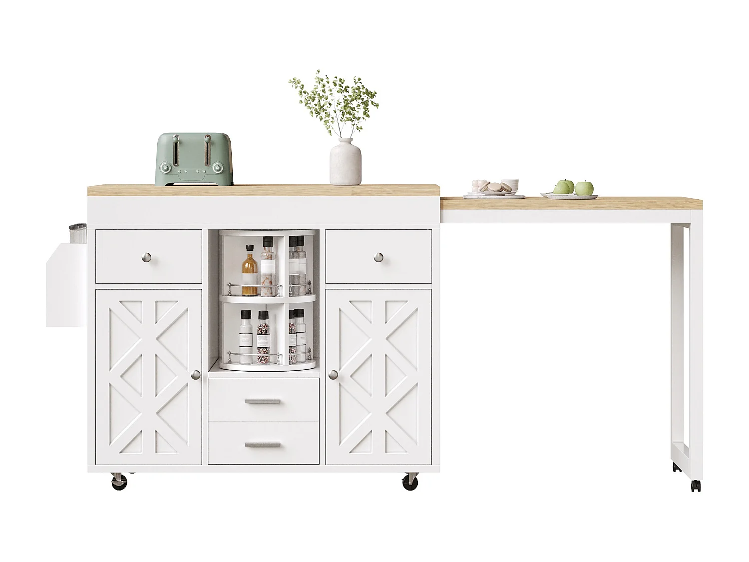 Kookeiland - uitschuifbare eettafel - met wieltjes en handdoekhouder - verstelbare planken - Wit