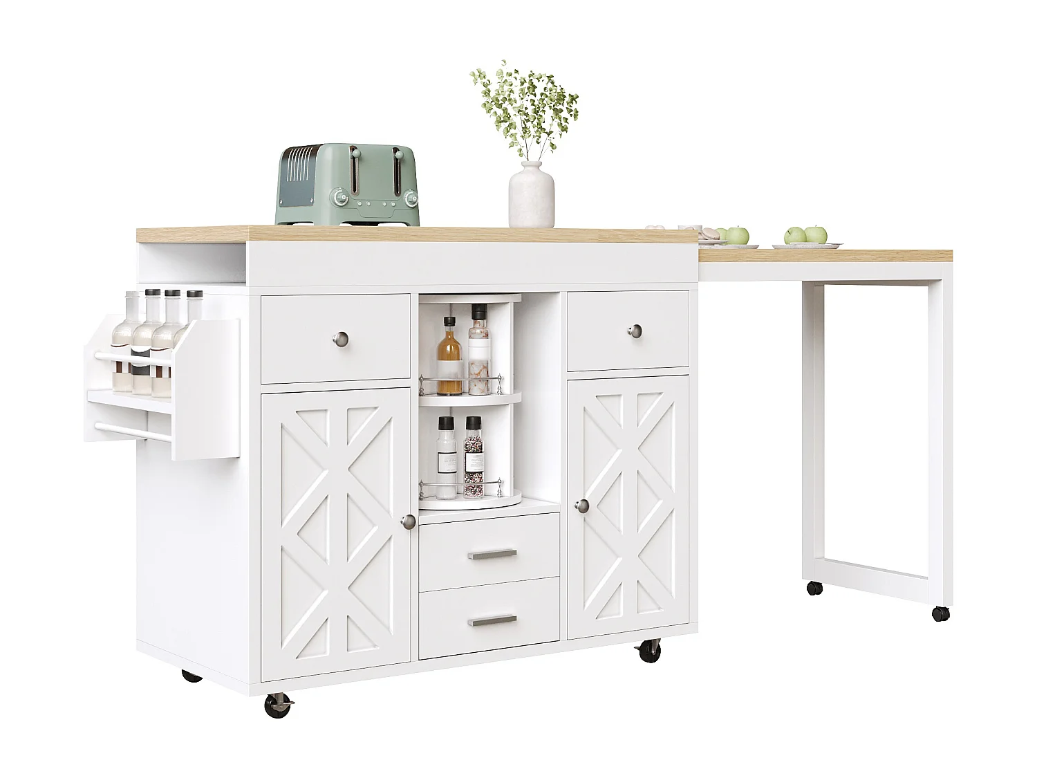 Kookeiland - uitschuifbare eettafel - met wieltjes en handdoekhouder - verstelbare planken - Wit