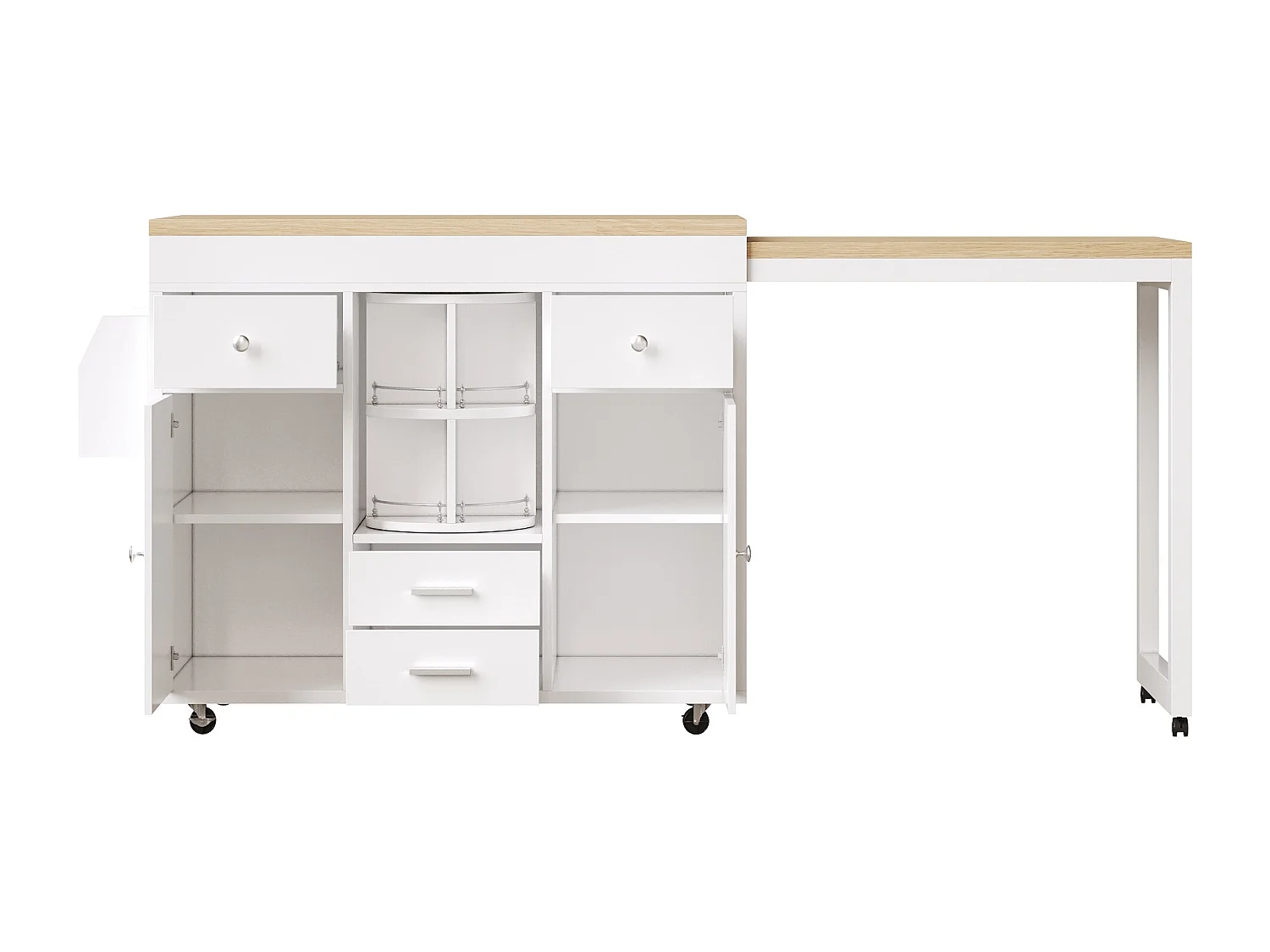 Kookeiland - uitschuifbare eettafel - met wieltjes en handdoekhouder - verstelbare planken - Wit