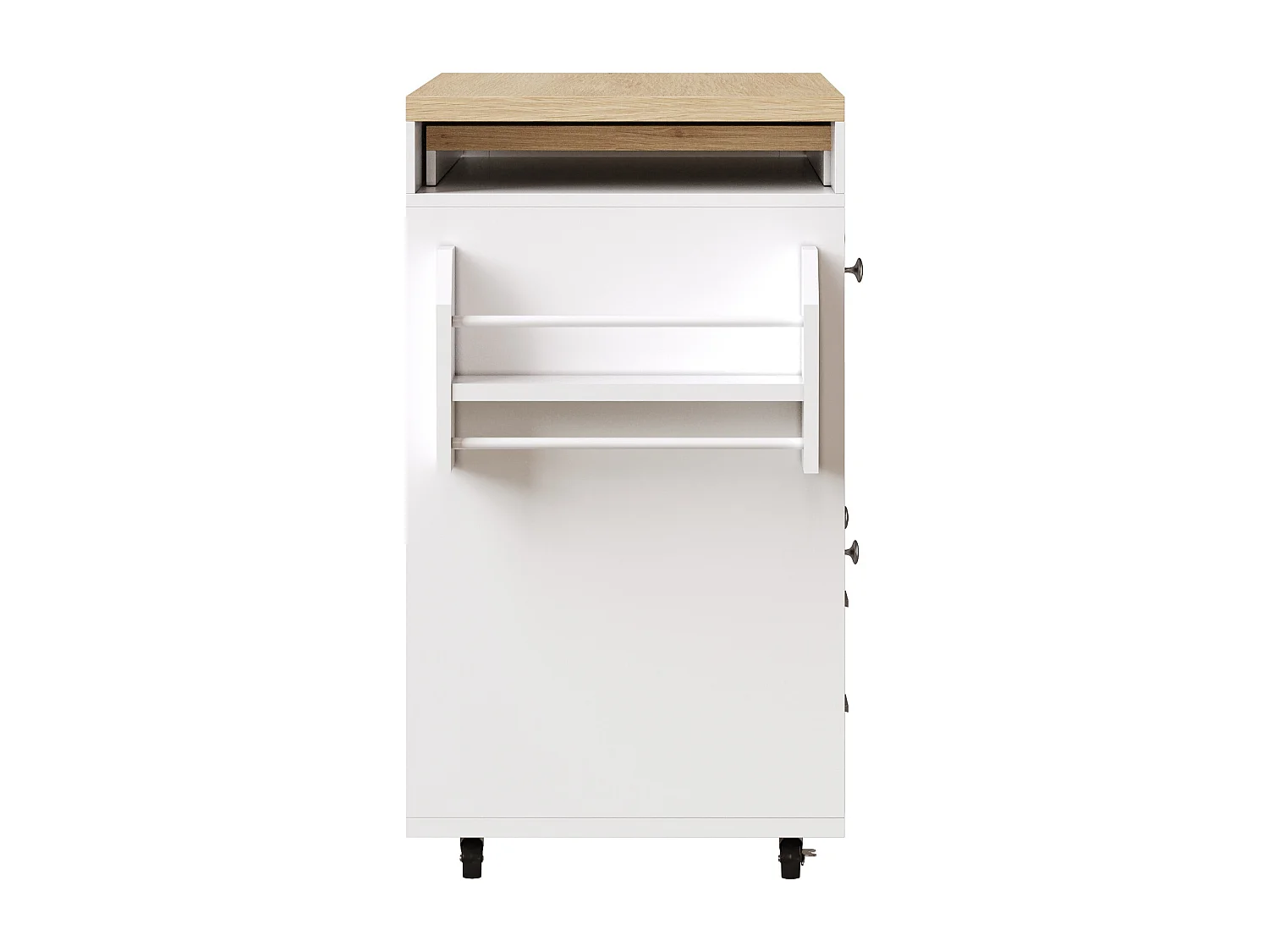 Kookeiland - uitschuifbare eettafel - met wieltjes en handdoekhouder - verstelbare planken - Wit