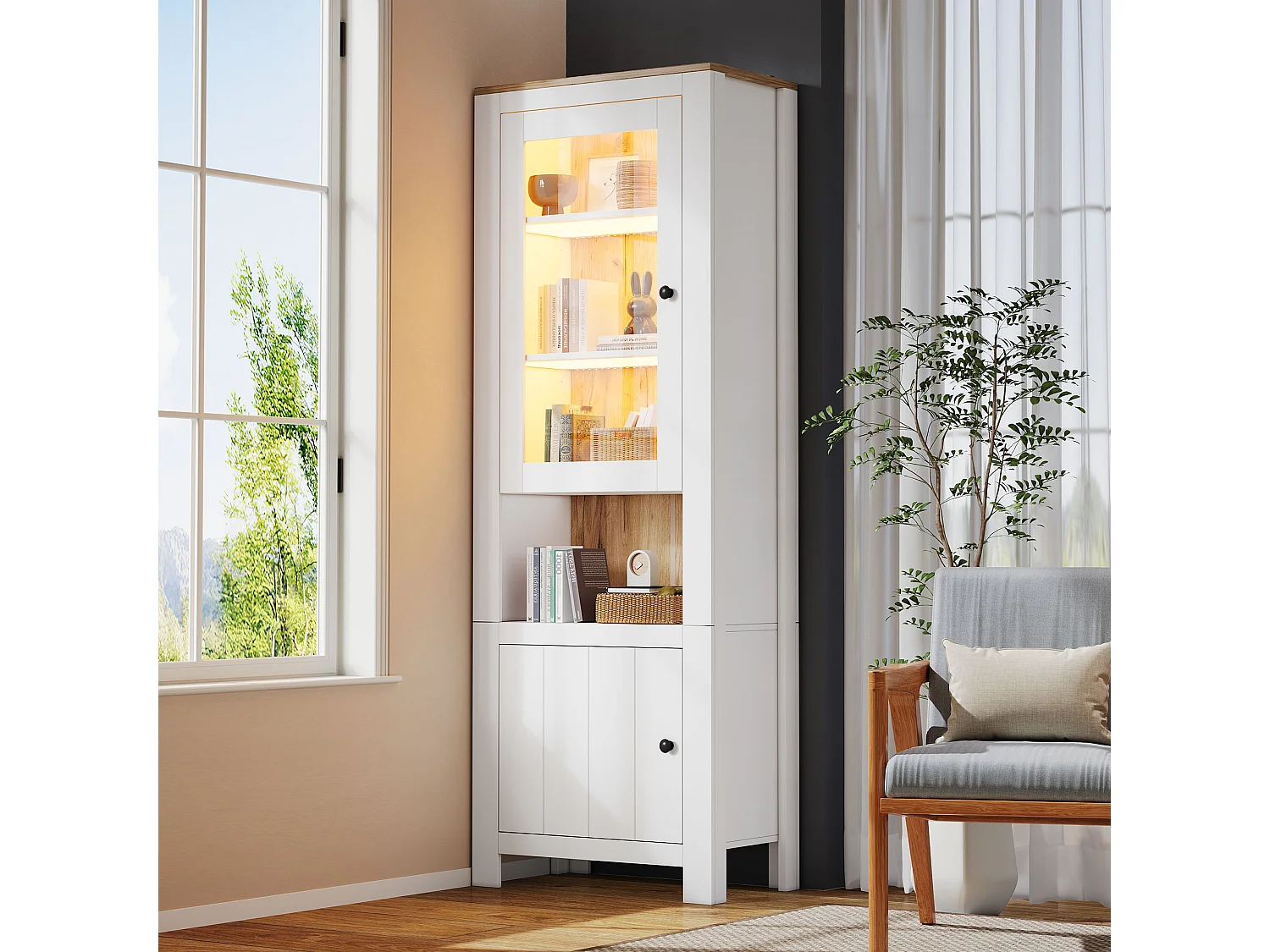 Hohe Vitrine 70x40x188 cm - mit LED-Beleuchtung - 2 Türen und 6 Regale - höhenverstellbare Einlegeböden - Spanplatten - Weiß