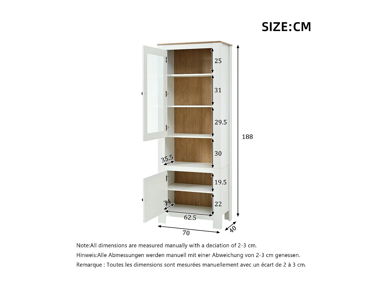 Hohe Vitrine 70x40x188 cm - mit LED-Beleuchtung - 2 Türen und 6 Regale - höhenverstellbare Einlegeböden - Spanplatten - Weiß