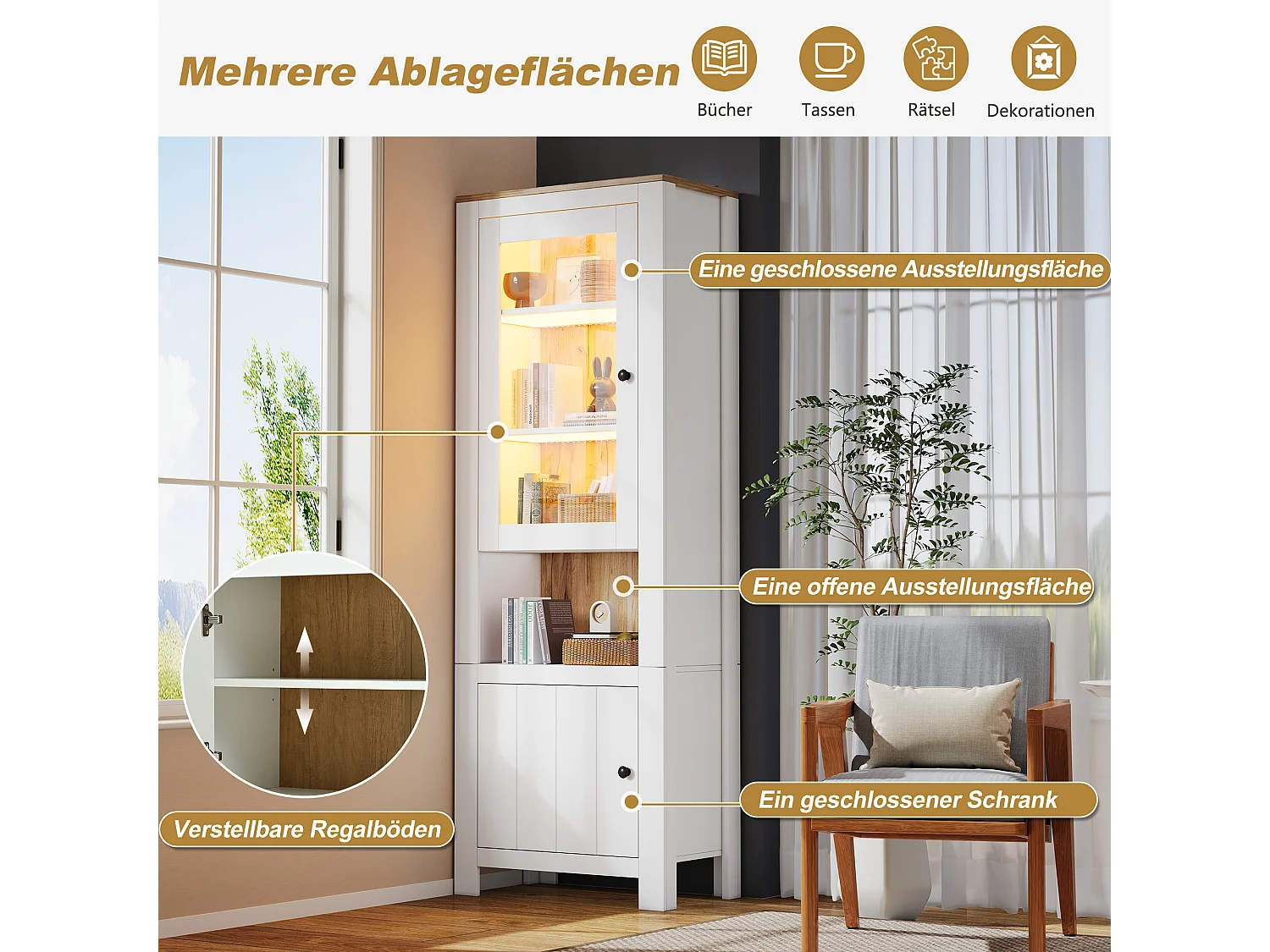 Hohe Vitrine 70x40x188 cm - mit LED-Beleuchtung - 2 Türen und 6 Regale - höhenverstellbare Einlegeböden - Spanplatten - Weiß