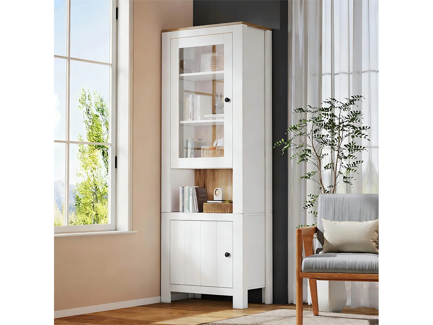 Hohe Vitrine 70x40x188 cm - mit LED-Beleuchtung - 2 Türen und 6 Regale - höhenverstellbare Einlegeböden - Spanplatten - Weiß