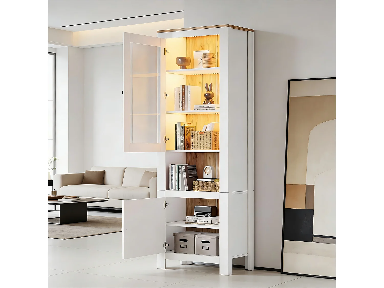 Hohe Vitrine 70x40x188 cm - mit LED-Beleuchtung - 2 Türen und 6 Regale - höhenverstellbare Einlegeböden - Spanplatten - Weiß